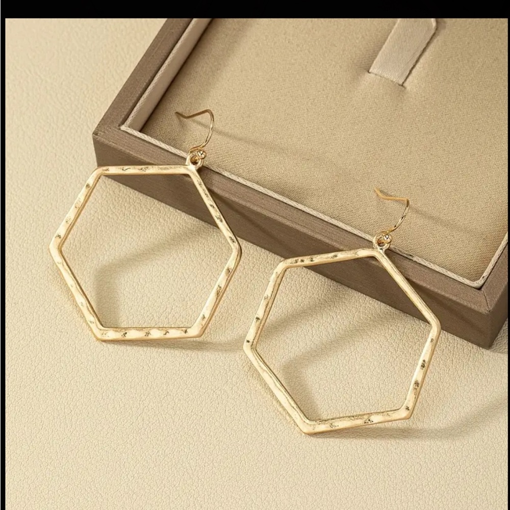 Hammered Gold Hollowed Center Hexagon Drop Earrings